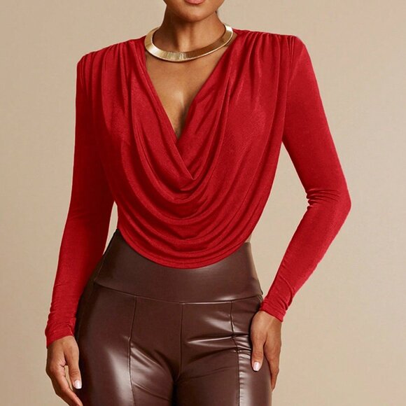 Red Casual Women's Plunging Neckline Shoulder Pad Long Sleeve Ruched Bodysuit - Picture 4 of 7